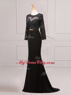 Adorable Black Scoop Neckline Lace and Appliques and Belt Mother Dresses Long Sleeves Side Zipper