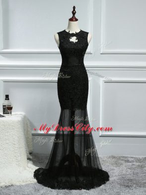 Scoop Sleeveless Evening Gowns Brush Train Lace and Appliques Black Tulle