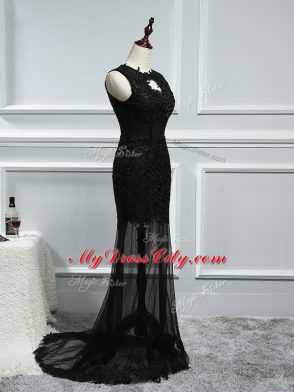 Scoop Sleeveless Evening Gowns Brush Train Lace and Appliques Black Tulle