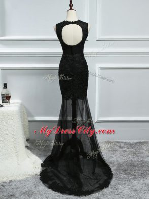 Scoop Sleeveless Evening Gowns Brush Train Lace and Appliques Black Tulle