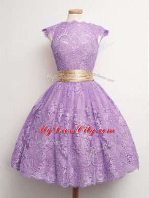 Most Popular High-neck Cap Sleeves Lace Bridesmaid Gown Belt Lace Up