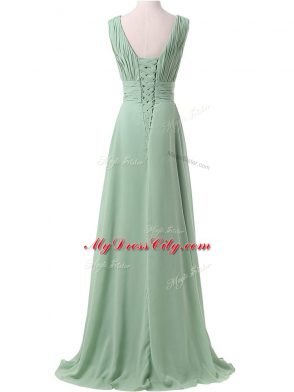 On Sale Chiffon V-neck Sleeveless Lace Up Ruching Quinceanera Court Dresses in Apple Green