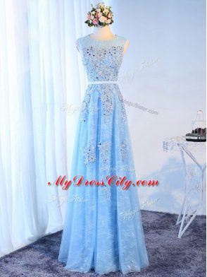 Simple Floor Length Zipper Prom Party Dress Baby Blue for Prom and Party with Beading and Lace and Appliques and Belt