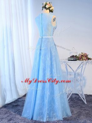 Simple Floor Length Zipper Prom Party Dress Baby Blue for Prom and Party with Beading and Lace and Appliques and Belt
