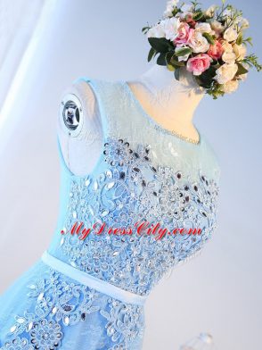 Simple Floor Length Zipper Prom Party Dress Baby Blue for Prom and Party with Beading and Lace and Appliques and Belt