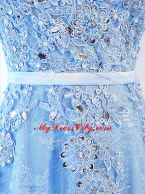 Simple Floor Length Zipper Prom Party Dress Baby Blue for Prom and Party with Beading and Lace and Appliques and Belt