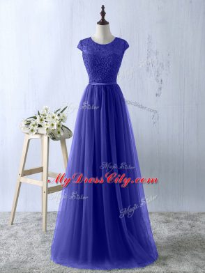 Shining Tulle Short Sleeves Floor Length Dress for Prom and Lace