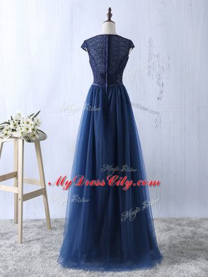 Shining Tulle Short Sleeves Floor Length Dress for Prom and Lace