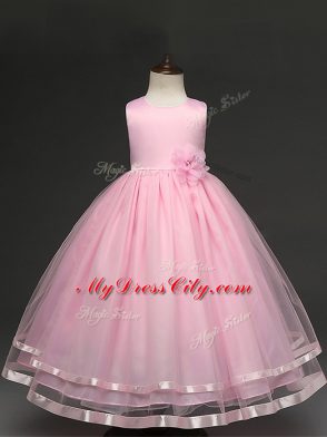 Baby Pink Ball Gowns Tulle Scoop Sleeveless Hand Made Flower Floor Length Zipper Custom Made
