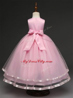 Baby Pink Ball Gowns Tulle Scoop Sleeveless Hand Made Flower Floor Length Zipper Custom Made