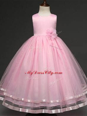 Baby Pink Ball Gowns Tulle Scoop Sleeveless Hand Made Flower Floor Length Zipper Custom Made
