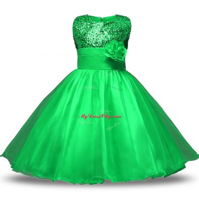 Edgy Green Zipper Scoop Belt and Hand Made Flower Flower Girl Dresses Organza and Sequined Sleeveless
