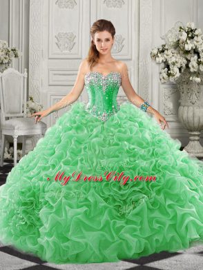 Super Green Lace Up Sweetheart Beading and Ruffles Ball Gown Prom Dress Organza Sleeveless Court Train