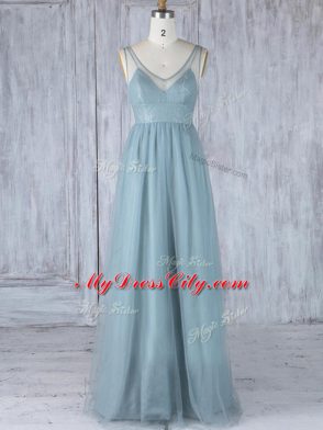 Elegant V-neck Sleeveless Bridesmaid Dress Floor Length Lace Grey Tulle