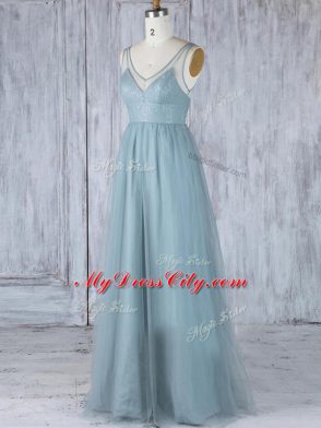 Elegant V-neck Sleeveless Bridesmaid Dress Floor Length Lace Grey Tulle