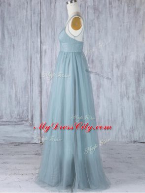 Elegant V-neck Sleeveless Bridesmaid Dress Floor Length Lace Grey Tulle