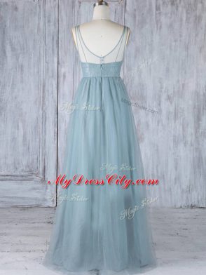 Elegant V-neck Sleeveless Bridesmaid Dress Floor Length Lace Grey Tulle