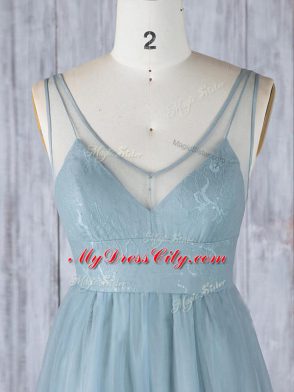 Elegant V-neck Sleeveless Bridesmaid Dress Floor Length Lace Grey Tulle