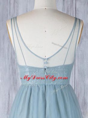 Elegant V-neck Sleeveless Bridesmaid Dress Floor Length Lace Grey Tulle