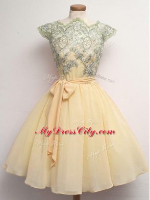 Champagne Cap Sleeves Knee Length Lace and Belt Lace Up Bridesmaids Dress