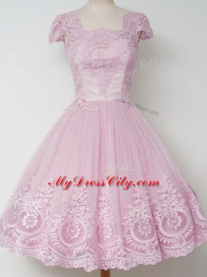 Lilac A-line Tulle Square Cap Sleeves Lace Knee Length Zipper Bridesmaid Gown