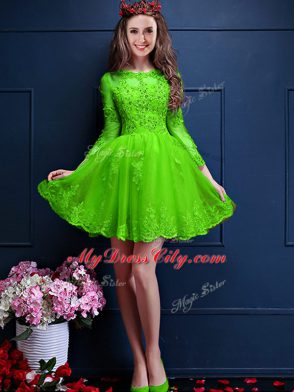 Adorable Beading and Lace and Appliques Vestidos de Damas Green Lace Up 3 4 Length Sleeve Mini Length