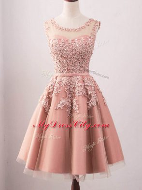 Best Selling Lace Bridesmaids Dress Pink Lace Up Sleeveless Knee Length