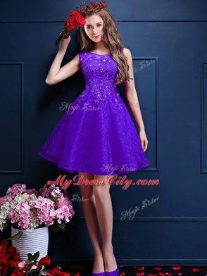 Nice Purple A-line Tulle Bateau Sleeveless Beading and Lace Knee Length Lace Up Quinceanera Dama Dress