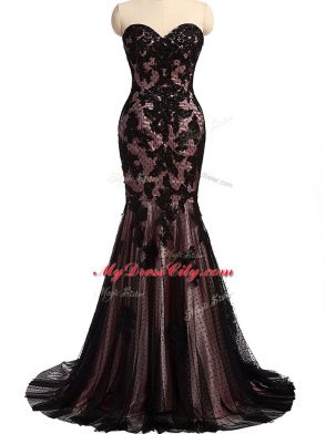 Traditional Sweetheart Sleeveless Formal Dresses Brush Train Lace and Appliques Black Tulle and Lace