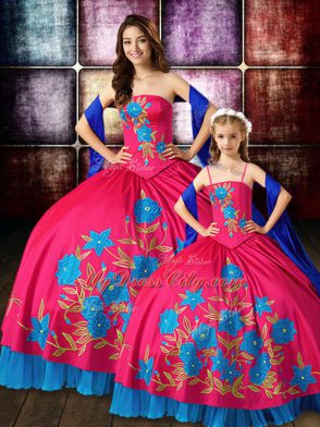 Customized Hot Pink Lace Up Quinceanera Dress Embroidery Sleeveless Floor Length