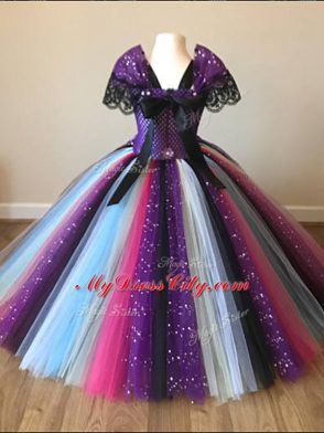 Multi-color Short Sleeves Floor Length Sequins and Pattern Zipper Flower Girl Dresses