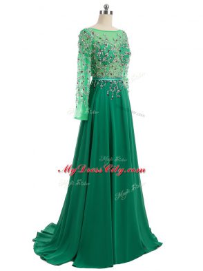 Modern Green Backless Oscars Dresses Beading Long Sleeves Brush Train