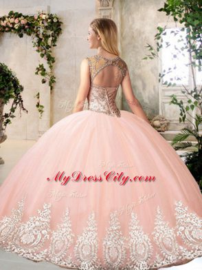 Custom Designed Sleeveless Floor Length Beading and Appliques Backless Sweet 16 Dresses with Peach