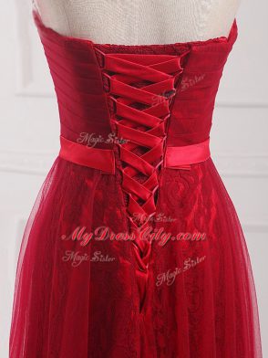 Wine Red Dama Dress Prom and Party and Wedding Party with Belt Sweetheart Sleeveless Lace Up