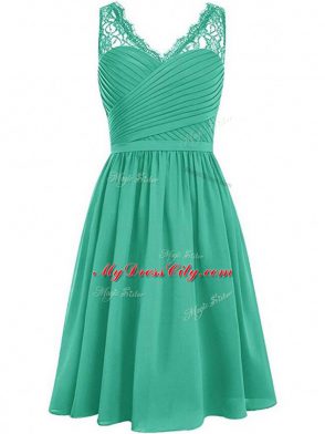 Fitting Green Wedding Guest Dresses Prom and Party and Wedding Party with Lace and Ruching V-neck Sleeveless Side Zipper