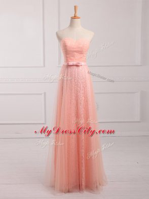 Floor Length Empire Sleeveless Peach Vestidos de Damas Lace Up