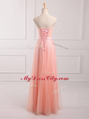 Floor Length Empire Sleeveless Peach Vestidos de Damas Lace Up