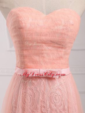 Floor Length Empire Sleeveless Peach Vestidos de Damas Lace Up