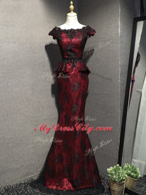 Scoop Sleeveless Lace Up Mother of the Bride Dress Red And Black Lace