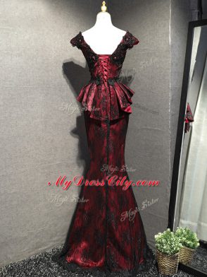 Scoop Sleeveless Lace Up Mother of the Bride Dress Red And Black Lace