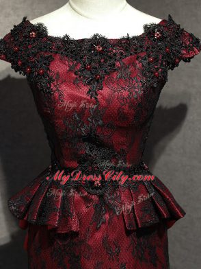 Scoop Sleeveless Lace Up Mother of the Bride Dress Red And Black Lace