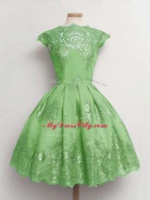 A-line Lace Bridesmaid Dress Lace Up Tulle Cap Sleeves Knee Length