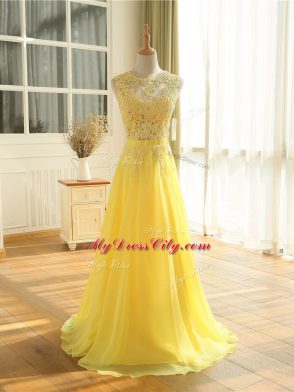 Floor Length Yellow Evening Gowns Scoop Sleeveless Zipper