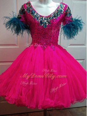 Fuchsia Scoop Neckline Beading and Sequins Cocktail Dresses Short Sleeves Zipper