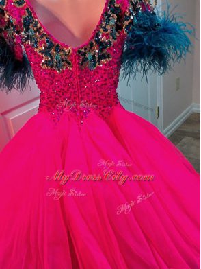 Fuchsia Scoop Neckline Beading and Sequins Cocktail Dresses Short Sleeves Zipper