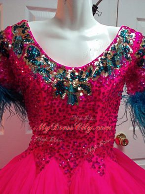 Fuchsia Scoop Neckline Beading and Sequins Cocktail Dresses Short Sleeves Zipper