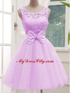 Affordable Sleeveless Knee Length Lace and Bowknot Lace Up Bridesmaid Gown with Lilac