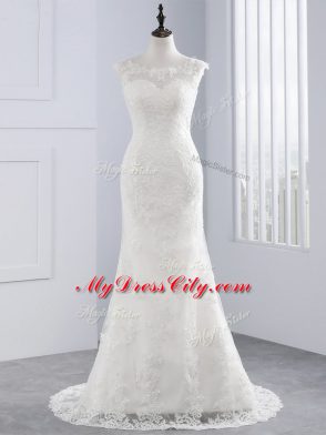 Decent Scoop Sleeveless Lace Wedding Dress Lace Brush Train Zipper