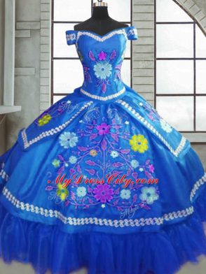 Designer Blue Ball Gowns Sweetheart Short Sleeves Taffeta Floor Length Lace Up Beading and Embroidery Quinceanera Dress