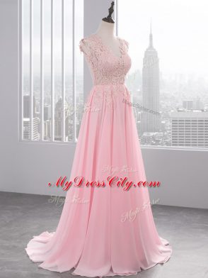 Chic Baby Pink Side Zipper V-neck Appliques Hoco Dress Chiffon Sleeveless Brush Train
